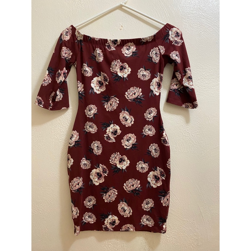 Burgundy floral off to the shoulder dress